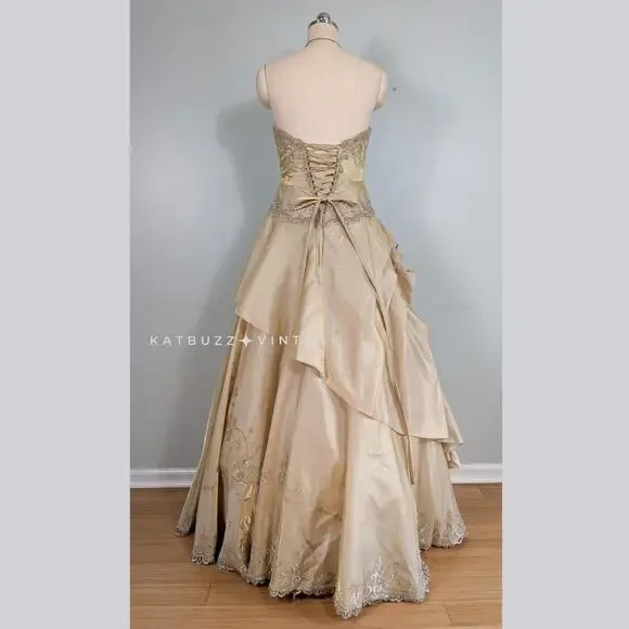 Princess Prom Dress Maxi Ball Gown 10 Yellow Fairy Y2K Beaded Glam Belle Lace